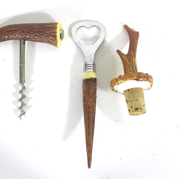 Vintage Faux Antler Bar Tool Set Bar Cart Styling 3 Piece Opener Cork Screw Stop - Picture 4 of 7